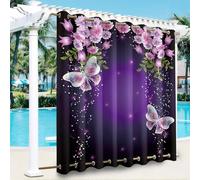 Hiseng Rideaux Extérieur Imperméable Œillets Haut et Bas, Motif Papillon 3D Rideau Occultant Thermique Isolant Exterieur 1 Pièce pour Jardin Pergola Cabane (Fleur,132x182cm)