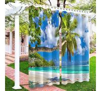 Hiseng Rideaux Extérieur Imperméable Œillets Haut et Bas, Motif Vue Mer 3D Rideau Occultant Thermique Isolant Exterieur 2 Pièces pour Jardin Pergola Cabane Tonnelle (Palmier,91x213cm)