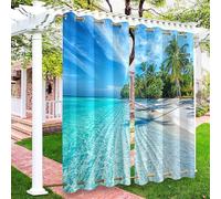 Hiseng Rideaux Extérieur Imperméable Œillets Haut et Bas, Motif Vue Mer 3D Rideau Occultant Thermique Isolant Exterieur 2 Pièces pour Jardin Pergola Cabane Tonnelle (Plage de Sable,101x213cm)
