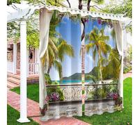 Hiseng Rideaux Extérieur Imperméable Œillets Haut et Bas, Motif Vue Mer 3D Rideau Occultant Thermique Isolant Exterieur 2 Pièces pour Jardin Pergola Cabane (Cocotier A,137x203cm)