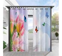 Hiseng Rideaux Extérieur Imperméable,Motif Fleur de Tulipe 3D Rideau Occultant Isolant Thermique 2 Pieces Rideau d'Extérieur pour Pergola Terrasse avec Oeillet (137x243cm,Papillon)