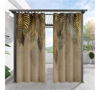 Hiseng Rideaux Extérieur Imperméable, Motif Plante Feuilles 3D Rideau Occultant Isolant Thermique 2 Pieces Rideau d'Extérieur pour Pergola Terrasse avec Oeillet (106x160cm,Feuille d'or)