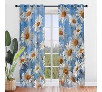 Hiseng Rideaux Voilage à Oeillets, Lot de 2 Voilages Intérieurs de Salon Semi-Transparent Chambre Rideaux Décoration pour Salle de Bain Chambre, Marguerite Motif (Ciel,107x213cm)
