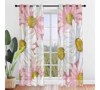 Hiseng Rideaux Voilage à Oeillets, Lot de 2 Voilages Intérieurs de Salon Semi-Transparent Chambre Rideaux Décoration pour Salle de Bain Chambre, Marguerite Motif (Rose Or,55x95cm)