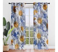 Hiseng Rideaux Voilage à Oeillets, Lot de 2 Voilages Intérieurs de Salon Semi-Transparent Chambre Rideaux Décoration pour Salle de Bain Chambre, Marguerite Motif (Blanc,107x244cm)