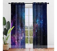 Hiseng Rideaux Voilage à Oeillets, Semi-Transparent en Effet Voile Ciel Étoilé Décoration de Fenêtre Salle de Bain Balcon Chambre Salon Cuisine,Tulle 2 Panneaux (107x160cm,Galaxie)