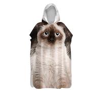 Hiseng Serviette Poncho de Surf À Capuchon Poncho de Bain Chaton Imprimé Plage Serviette à Changement Adulte Ado Microfibre Peignoir Serviettes de Natation Poncho (Chat Siamois,60x110cm)