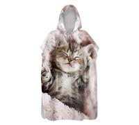Hiseng Serviette Poncho de Surf À Capuchon Poncho de Bain Chaton Imprimé Plage Serviette à Changement Adulte Ado Microfibre Peignoir Serviettes de Natation Poncho (Chaton Gris,80x145cm)