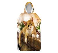 Hiseng Serviette Poncho de Surf À Capuchon Poncho de Bain Chaton Imprimé Plage Serviette à Changement Adulte Ado Microfibre Peignoir Serviettes de Natation Poncho (Chat Roux,75x145cm)