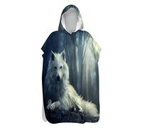 Hiseng Serviette Poncho de Surf à Capuchon Poncho de Bain Imprimé Loup Plage Serviette à Changement Adulte Enfant Microfibre Peignoir Serviettes de Natation Poncho (Loup Blanc,80x145cm)