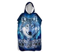 Hiseng Serviette Poncho de Surf à Capuchon Poncho de Bain Imprimé Loup Plage Serviette à Changement Adulte Enfant Microfibre Peignoir Serviettes de Natation Poncho (Meute de Loups,60x110cm)