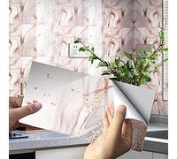 Hiser Rectangle Adhésive Décorative à Carreaux pour Salle de Bains et Cuisine Stickers Carrelage, Motif de Marbre 3D Mosaïque Imperméables Adhésive Décoration, 30x15cm (16Pièces,Rose)