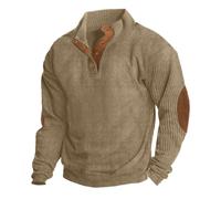 Hisir Sweat-shirt d'hiver en velours côtelé à col Henley et boutons pression pour homme Col montant Manches longues, kaki foncé, M