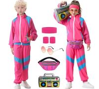 Hislovy Déguisement Année 80 Enfant Fille Garçon Costumes Années 80 90 Survêtement Rétro Ensembles de Sport Jogging pour Carnaval Disco Party Halloween, Rose, 4-5 ans