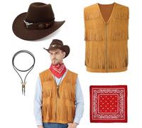 Hislovy Déguisement Western Cowboy pour Hommes, 4PCS Cowboy Gilet à Franges avec Chapeau Bandana Collier Costume pour Halloween Carnival, Kaki, XL