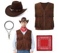 Hislovy Déguisement Western Cowboy pour Hommes, 4PCS Cowboy Gilet à Franges avec Chapeau Bandana Collier Costume pour Halloween Carnival, Brun, L