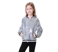 Hislovy Veste Paillettes Fille Hip Hop Blazer à Paillettes Blouson Brillant Danse Jazz pour Scène Disco Carnaval Halloween Concert, Argenté, 11-12 ans