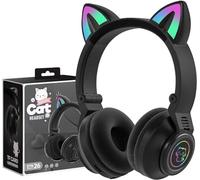 hisonic Casque Bluetooth, oreilles de chat, avec lumières colorées, microphone et emplacement pour carte SD pour filles et garçons à partir de 3 ans (oreilles de chat, noir)