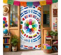 Hispanic Heritage Drapeau et empreintes de main Couvre-porte 91,4 x 182,9 | Arrangement de drapeaux circulaires, bannière de porche, thème unité culturelle, motif empreinte de main vivante