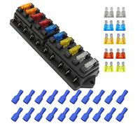HISports 10 Voies Boîte à Fusibles de Voiture,Standard Boîte à Fusibles,Porte Fusible à Lame Standard Universel avec 10 pièces Fusible à Lame Libre (5A 10A 15A 20A 25A) Pour Voiture Camion Marine
