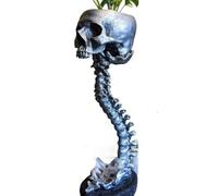 Histeaa Ensemble de Jardinière et Support de Colonne Vertébrale en Résine, Pot de Crâne en Polyrésine, Décoration d'halloween Rétro Tête de Crâne Humain Fleur Argent