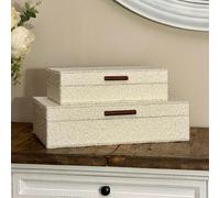 HISTOIRE D'ECHOS PARIS Lot de 2 boîtes décoratives en tissu bouclé ivoire avec poignées en bois, boîtes à bijoux, boîtes de rangement, boîtes à souvenirs, organisateur de souvenirs photo, 36,1 x 21,8