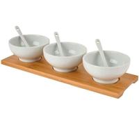 HIT plat de service ramequins en PORCELAINE blanche 3 pièces + planche en bambou + petites cuillères
