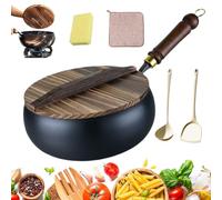 HItianya 2026 New Uncoated Thick Iron Pot, 24/26/28cm Japanese Iron Pan, Hand-Forged Non-Stick Irons Pan, Big Belly Frying Pan with Wooden Lid & Spatula, for All Stoves (Wooden Lid, 26cm)