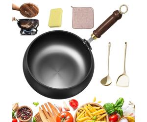 HItianya 2026 New Uncoated Thick Iron Pot, 24/26/28cm Japanese Iron Pan, Hand-Forged Non-Stick Irons Pan, Big Belly Frying Pan with Wooden Lid & Spatula, for All Stoves (Without Lid, 26cm)