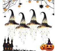 HItianya Lighted Witch Hat Hanging Chime, Glowing Star Tassel Halloween Decorations with Warm LED Lights for Porch Patio Indoor Outdoor, Spooky Gothic Wind Chimes Party Decor (15×15×20cm,4pcs)