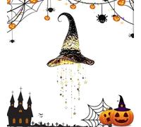 HItianya Lighted Witch Hat Hanging Chime, Glowing Star Tassel Halloween Decorations with Warm LED Lights for Porch Patio Indoor Outdoor, Spooky Gothic Wind Chimes Party Decor (15×15×20cm,1pc)