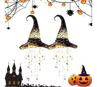 HItianya Lighted Witch Hat Hanging Chime, Glowing Star Tassel Halloween Decorations with Warm LED Lights for Porch Patio Indoor Outdoor, Spooky Gothic Wind Chimes Party Decor (15×15×20cm,2pcs)