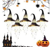 HItianya Lighted Witch Hat Hanging Chime, Glowing Star Tassel Halloween Decorations with Warm LED Lights for Porch Patio Indoor Outdoor, Spooky Gothic Wind Chimes Party Decor (15×15×20cm,5pcs)