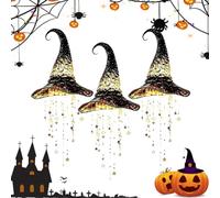 HItianya Lighted Witch Hat Hanging Chime, Glowing Star Tassel Halloween Decorations with Warm LED Lights for Porch Patio Indoor Outdoor, Spooky Gothic Wind Chimes Party Decor (15×15×20cm,3pcs)