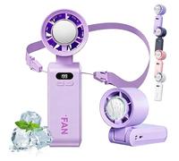 HItianya Portable Fan Air Conditioner, 199 Speeds Hand Held Neck Fan with Ice Cooling Pad, Rechargeable Small Personal Fan for Travel,Office and Outdoor, 3 in 1 Cooling Fan with Lanyard (Purple)