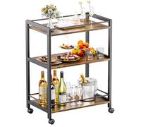 HITNET Chariot de Bar pour la Maison, Chariot de Service Mobile avec Roues et Étagères de Rangement, Desserte de Bar à 3 Niveaux pour Cuisine Salle à Manger Salon, Marron Rustique et Noir