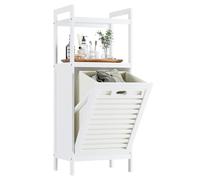 HITNET Meuble Salle de Bain avec Panier à Linge, Armoire Bas Salle de Bain en Bambou avec 2 étagères Ouvertes, 32L Sac Intérieur Amovible pour Buanderie, Toilette et Chambre à Coucher, Blanche