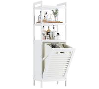 HITNET Meuble Salle de Bain avec Panier à Linge, Armoire Bas Salle de Bain en Bambou avec 3 étagères Ouvertes, 32L Sac Intérieur Amovible pour Buanderie, Toilette et Chambre à Coucher, Blanche