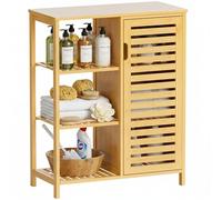 HITNET Meuble Salle de Bain Bambou, Armoire Bas Salle de Bain avec Porte et 3 Compartiments Ouverts, Meuble de Rangement Autoportant pour Salle à Manger, Salon, Cuisine, Naturel