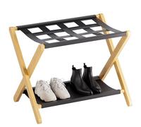 HITNET Porte-bagages en bambou, support de valise pliable à 5 sangles avec étagère de rangement, porte-bagages robuste pour chambre d'amis, peu encombrant, naturel