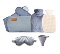 Hitopin 3 en 1 Bouillotte en Caoutchouc, 1L Bouillotte en Caoutchouc avec Couvre-Taille+Housse Polaire+Masque pour Les Yeux+Entonnoir, Pour le Soulagement des Douleurs Abdominales et Epaules (Gris)