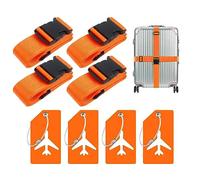 Hitopin 4PS Sangle Valise Voyage+4PCS Étiquettes pour Bagages, Sangles de Bagage Réglables avec Boucle,Ceinture à Bagages Réglable, Sangle Valise avec Étiquette de Bagage, pour Bagages Fixes(Orange)