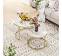 hitsuki Lot de 2 Tables Gigogne Ronde, Table de Salon Ronde, Table Basse Marbre Blanc Imitation avec Pieds en Métal Doré