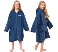 Hiturbo Peignoir à capuche pour enfants : robe de bain à fermeture éclair changeante serviette poncho serviette pour la natation plage surf maison, bleu, 7-14 Jahre