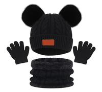 HIULLEN 3 en 1 Echarpe et Gants Ensemble Bonnet, Ensemble Bonnet Echarpe Enfant, Bonnet Enfant Hiver Tricoté Tour de Cou Chaud, Hiver Accessoires Ensemble Set avec Pompon pour Fille Garçon 2 à 6 ans