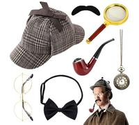 HIULLEN 7pcs Ensemble Accessoires Costume DéTective,Accessoires Sherlock Holmes Avec Chapeau DéTective Loupe Lunettes MéTal,Accessoires DéTective Victoriens Pour Enfants Adultes Cosplay FêTe Carnaval