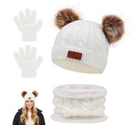 HIULLEN Bonnet Enfant Hiver Echarpe Gants Ensemble, Bonnet Enfant Hiver avec Pompon, Tour de Cou Enfant avec Doublure Set, Hiver Accessoires Set Pour Gant Garçon et Fille 2 à 6 ans(Blanc)