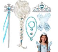 HIULLEN Ensemble d'accessoires de costume de princesse Elsa avec gants, couronne, baguette, cheveux d'Elsa pour enfants, perruque de princesse pour Halloween, costume, fête, cosplay, carnaval