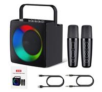 HIUYRFS Machine De Karaoké avec 2 Microphones sans Fil UHF, USB, Connexion Auxiliaire, Effets De Changement De Voix Et LumièRes LED,Capacité De La Batterie 4000 Mah, pour La FêTe, Noir