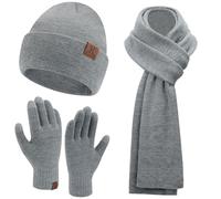 Hiver Chic Bonnet Chaud Echarpe Gants Tactiles Ensemble Tricot Côtelé Casquette Foulards Gants pour Homme Femme, Gris